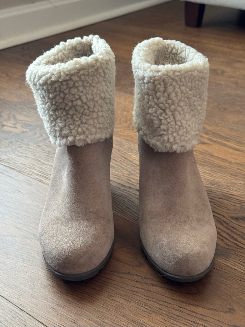 Cozy Faux-Shearling Cuff Suede Ankle Boots - Taupe